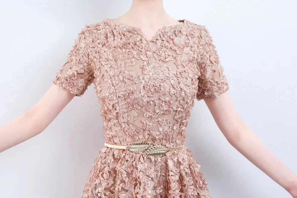 Elegant Short Or Long Sleeves Lace Evening Gowns Online Zipper Back With Belt