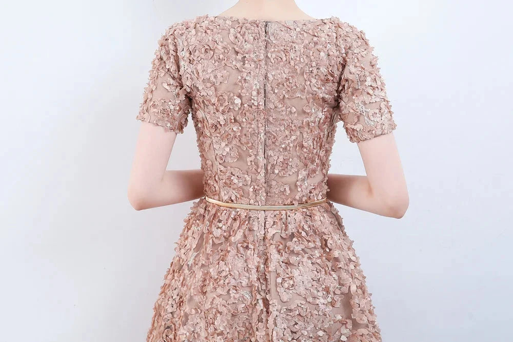 Elegant Short Or Long Sleeves Lace Evening Gowns Online Zipper Back With Belt