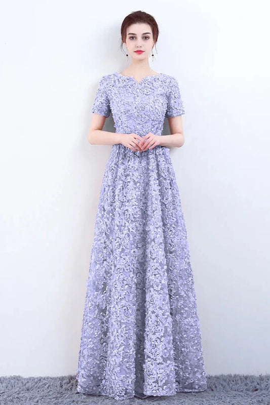 Elegant Short Or Long Sleeves Lace Evening Gowns Online Zipper Back With Belt