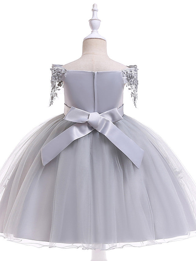 Elegant Short Sleeve Off Shoulder Above Knee Flower Girl Dress with Satin Tulle Lace Beadings and Appliques