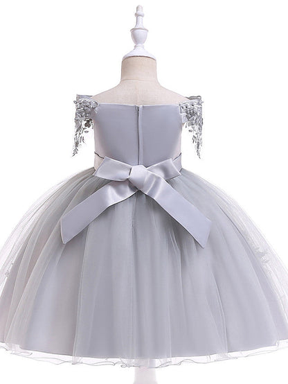 Elegant Short Sleeve Off Shoulder Above Knee Flower Girl Dress with Satin Tulle Lace Beadings and Appliques