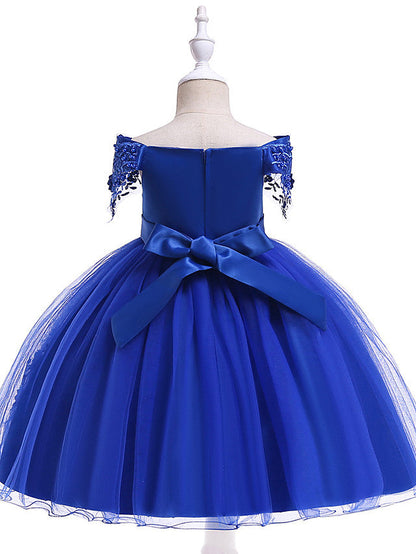 Elegant Short Sleeve Off Shoulder Above Knee Flower Girl Dress with Satin Tulle Lace Beadings and Appliques