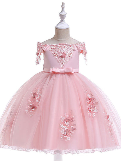 Elegant Short Sleeve Off Shoulder Above Knee Flower Girl Dress with Satin Tulle Lace Beadings and Appliques