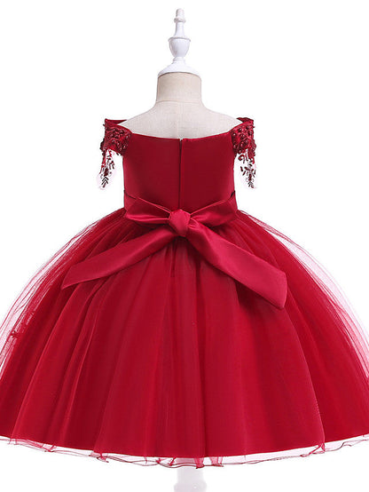 Elegant Short Sleeve Off Shoulder Above Knee Flower Girl Dress with Satin Tulle Lace Beadings and Appliques