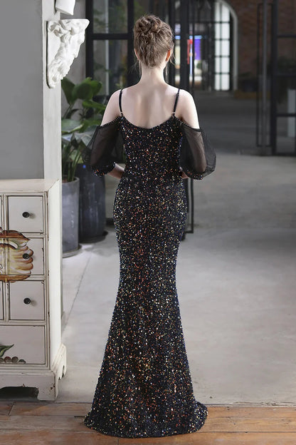 Elegant Spaghetti-Straps V-Neck Sequined Evening Formal Dress Mermaid With Bubble Tulle Sleeves