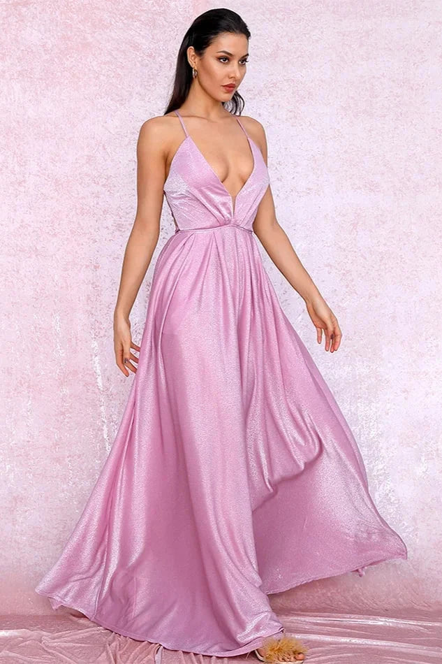 Elegant V-Neck Long Prom Dress Shinning Sleeveless Evening Gowns Online
