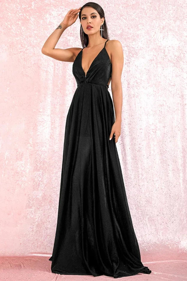 Elegant V-Neck Long Prom Dress Shinning Sleeveless Evening Gowns Online