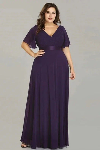 Elegant V-Neck Plus Size Chiffon Evening Dress With Short Sleeves
