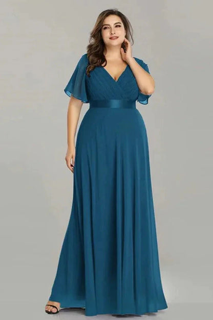 Elegant V-Neck Plus Size Chiffon Evening Dress With Short Sleeves
