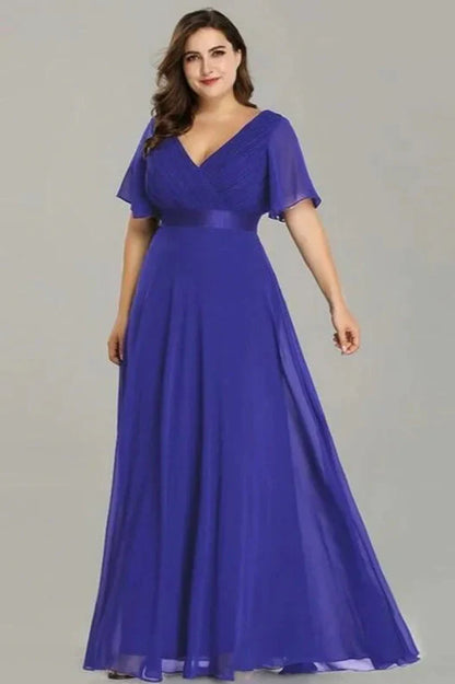 Elegant V-Neck Plus Size Chiffon Evening Dress With Short Sleeves