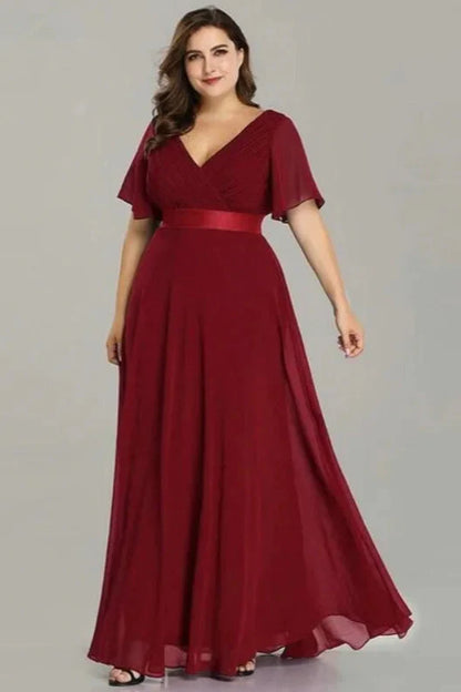 Elegant V-Neck Plus Size Chiffon Evening Dress With Short Sleeves