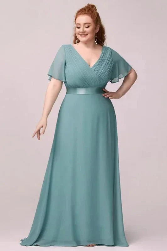 Elegant V-Neck Plus Size Chiffon Evening Dress With Short Sleeves