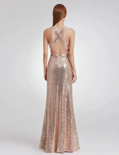 Elegant V-Neck Sleeveless Sequins Long Evening Prom Dress Online