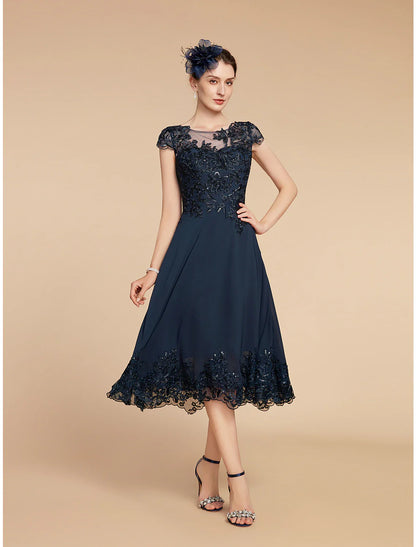 A-Line Mother of the Bride Dress Formal Wedding Guest Elegant Vintage Scoop Neck Tea Length Lace 3/4 Length Sleeve with Sequin Appliques