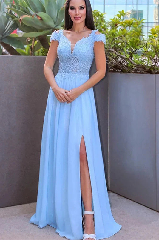Fabulous Cap Sleeves Sky Blue Long Evening Dress Appliques With Slit