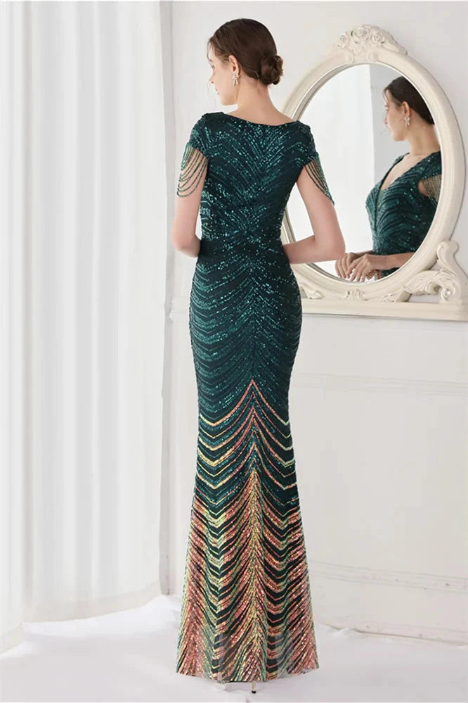 Fabulous Cap Sleeves V-Neck Evening Dress Mermaid Sequins Online