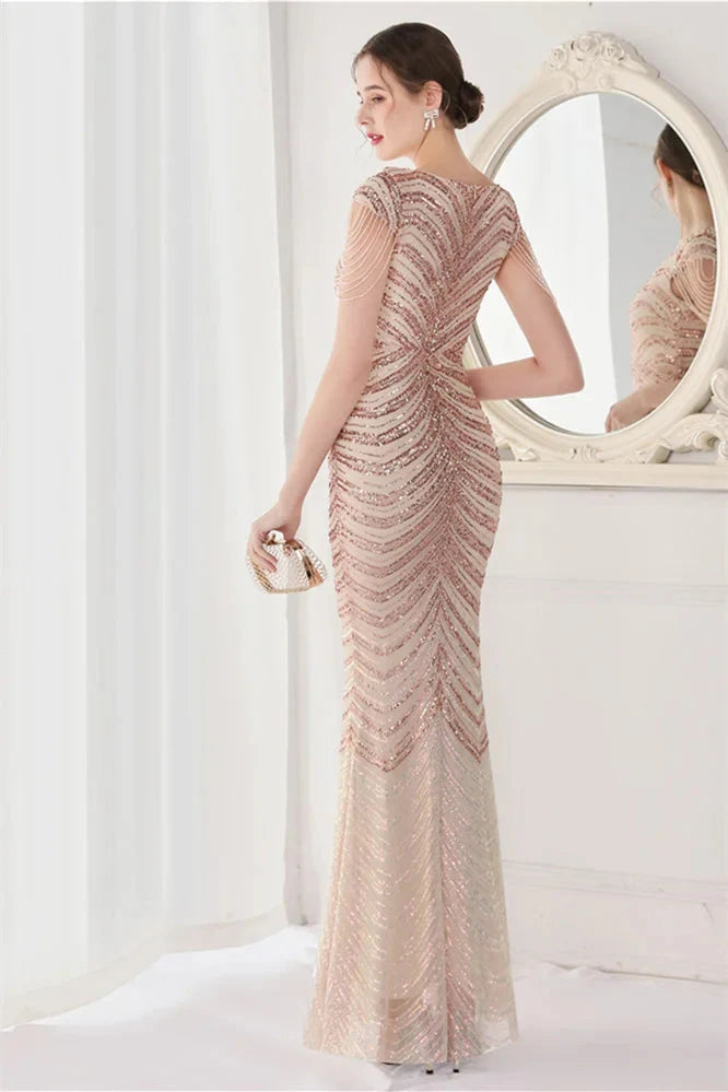 Fabulous Cap Sleeves V-Neck Evening Dress Mermaid Sequins Online