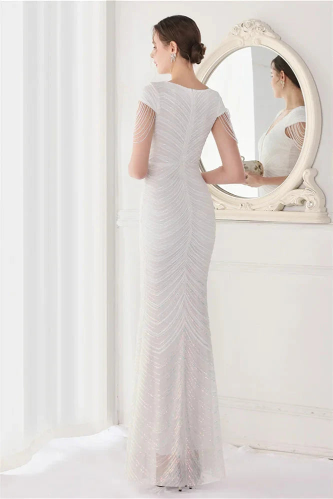 Fabulous Cap Sleeves V-Neck Evening Dress Mermaid Sequins Online