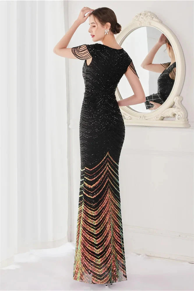 Fabulous Cap Sleeves V-Neck Evening Dress Mermaid Sequins Online