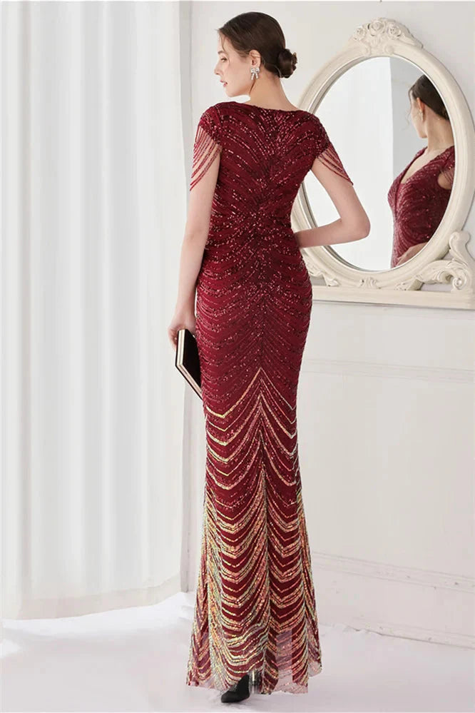 Fabulous Cap Sleeves V-Neck Evening Dress Mermaid Sequins Online