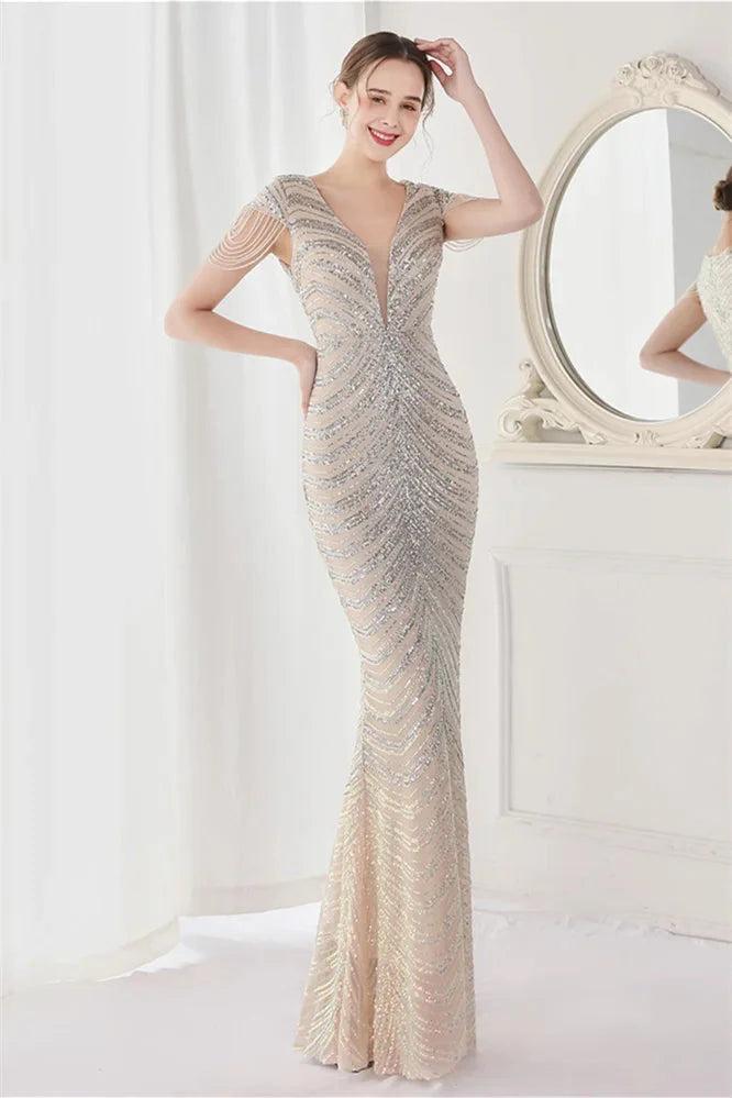 Fabulous Cap Sleeves V-Neck Evening Dress Mermaid Sequins Online
