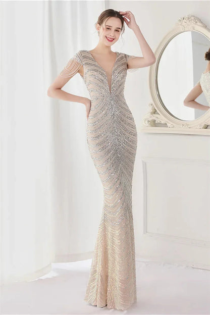 Fabulous Cap Sleeves V-Neck Evening Dress Mermaid Sequins Online