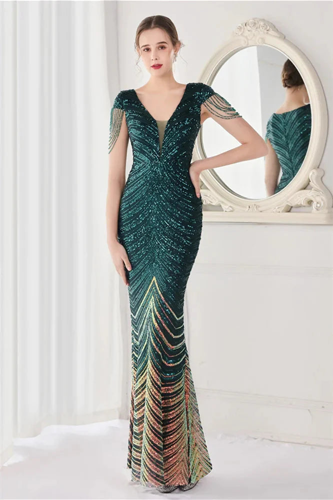 Fabulous Cap Sleeves V-Neck Evening Dress Mermaid Sequins Online