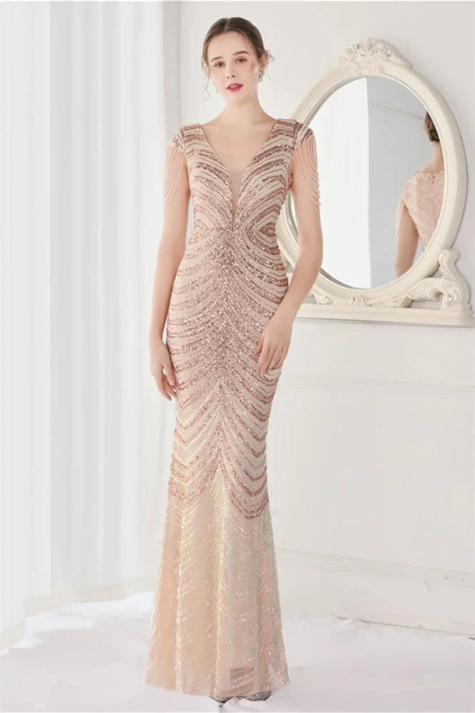 Fabulous Cap Sleeves V-Neck Evening Dress Mermaid Sequins Online