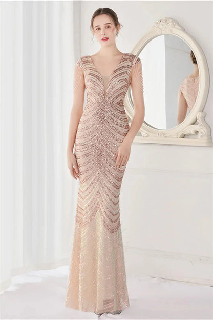 Fabulous Cap Sleeves V-Neck Evening Dress Mermaid Sequins Online