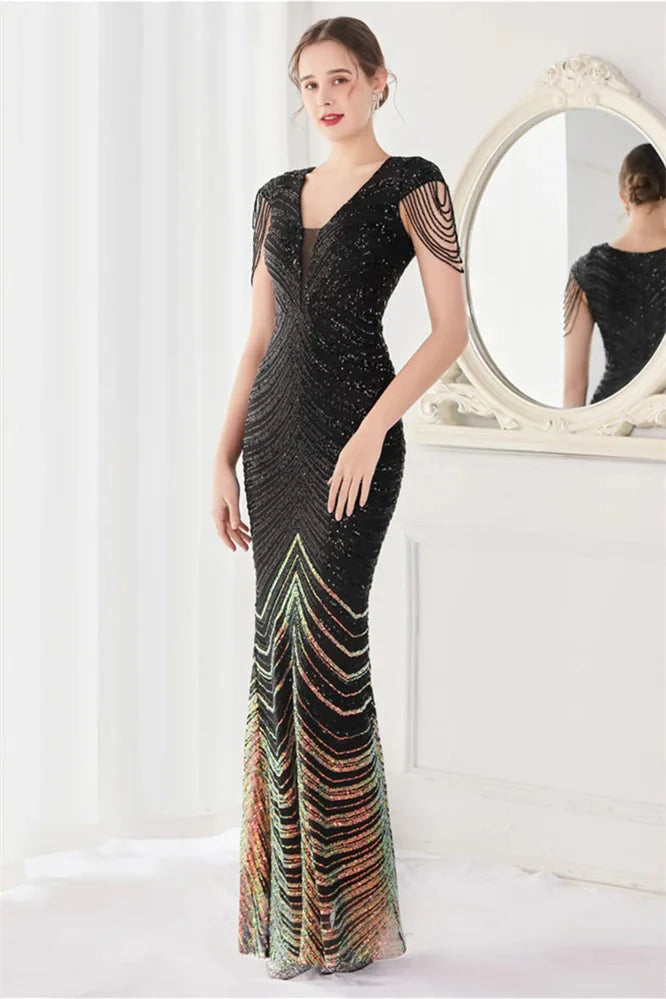 Fabulous Cap Sleeves V-Neck Evening Dress Mermaid Sequins Online