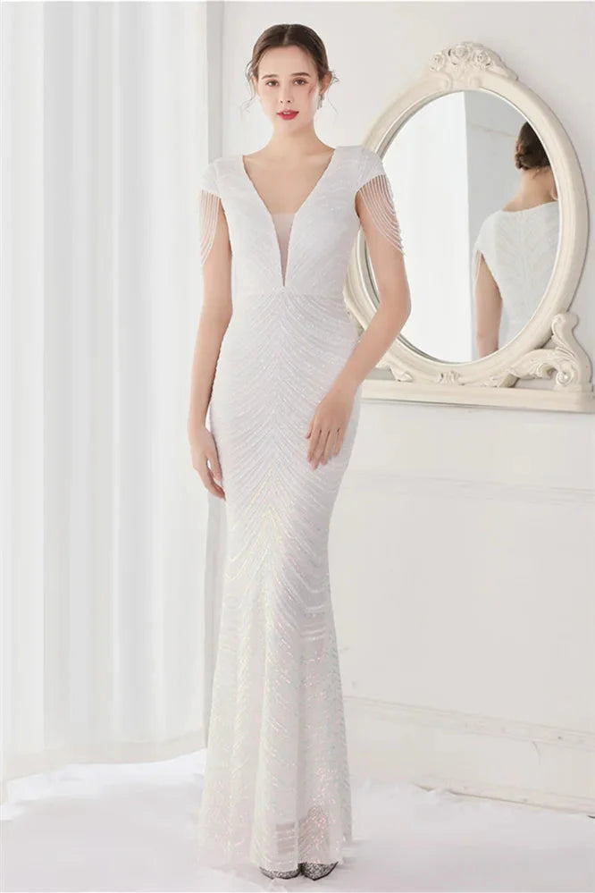 Fabulous Cap Sleeves V-Neck Evening Dress Mermaid Sequins Online