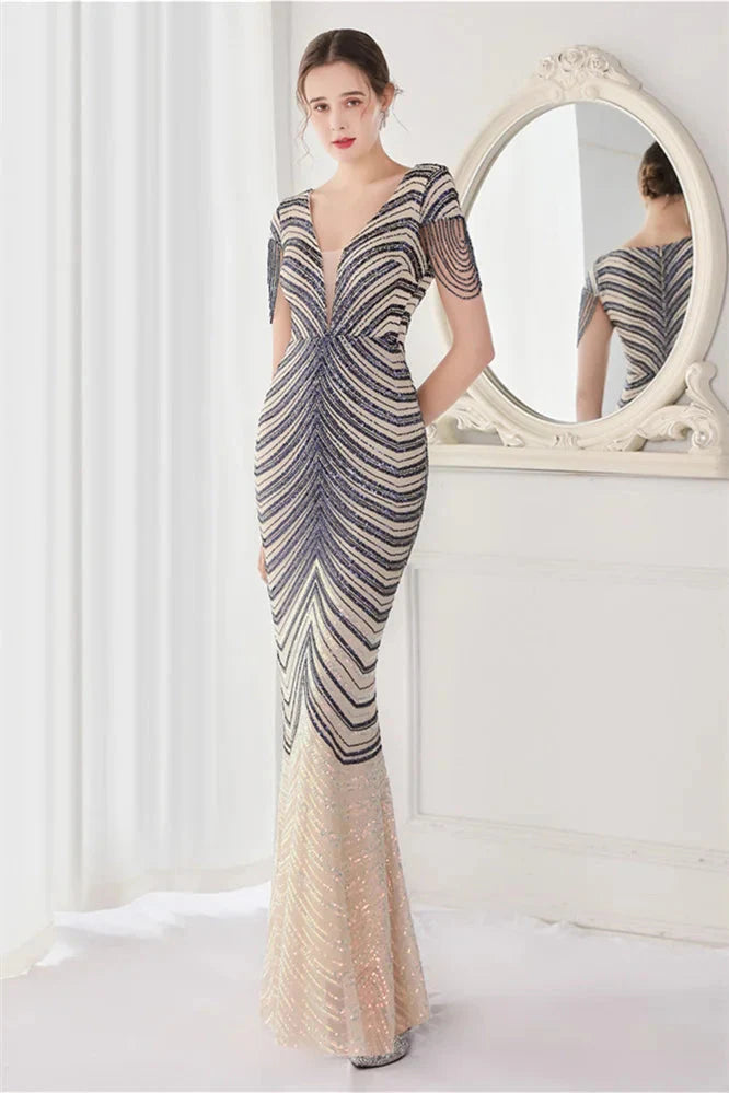 Fabulous Cap Sleeves V-Neck Evening Dress Mermaid Sequins Online