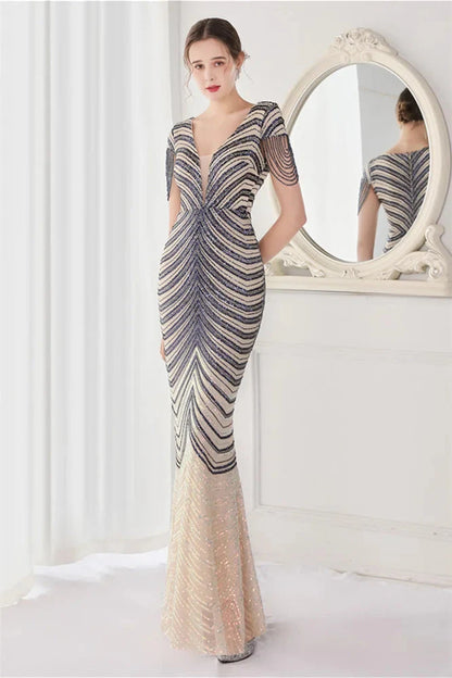Fabulous Cap Sleeves V-Neck Evening Dress Mermaid Sequins Online