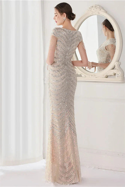Fabulous Cap Sleeves V-Neck Evening Dress Mermaid Sequins Online
