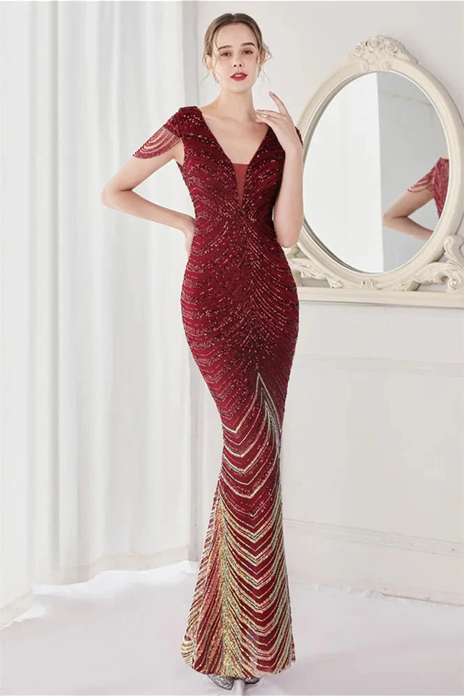 Fabulous Cap Sleeves V-Neck Evening Dress Mermaid Sequins Online