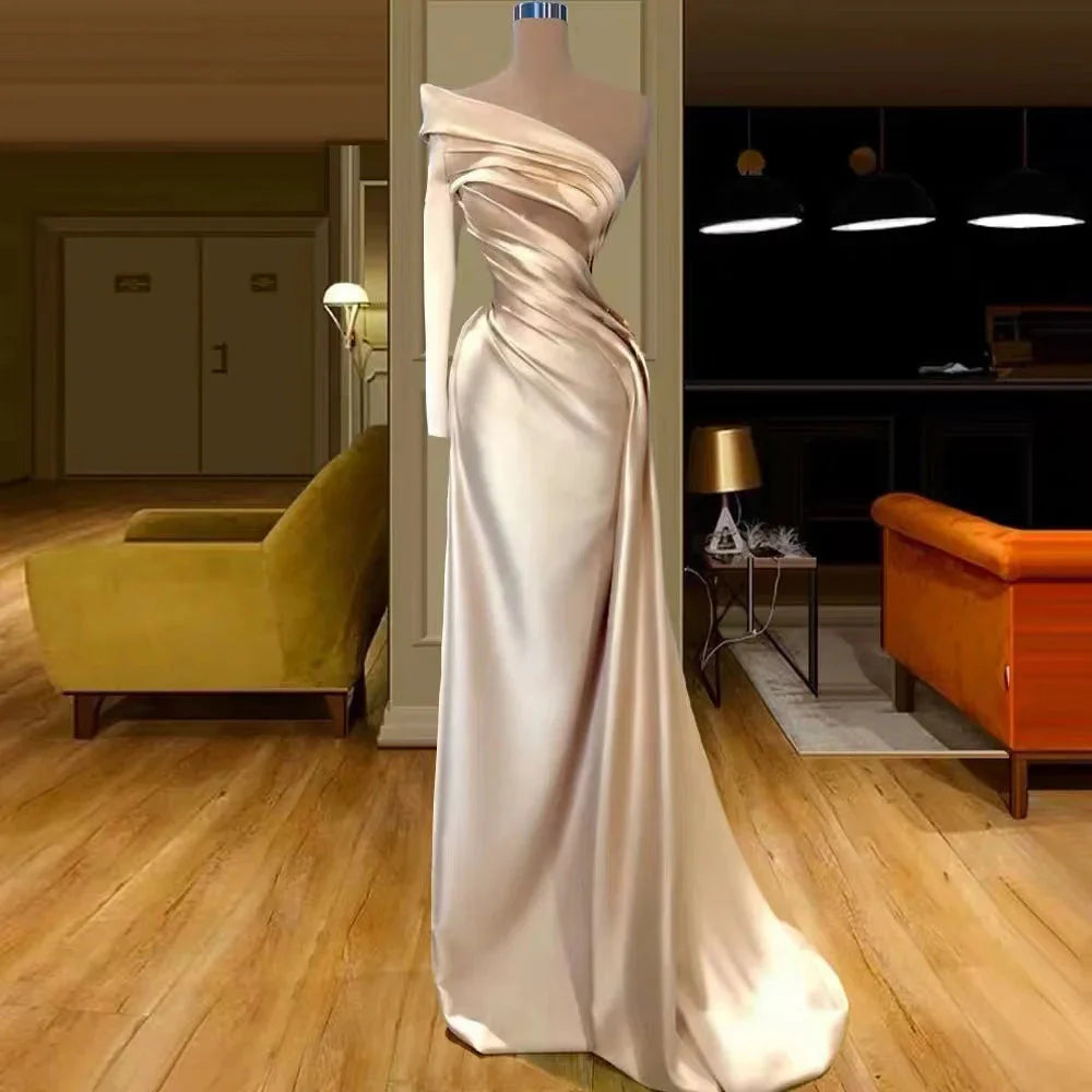 Fabulous Champagne One Shoulder Long Sleeves Mermaid Prom Dress Long Evening Gowns