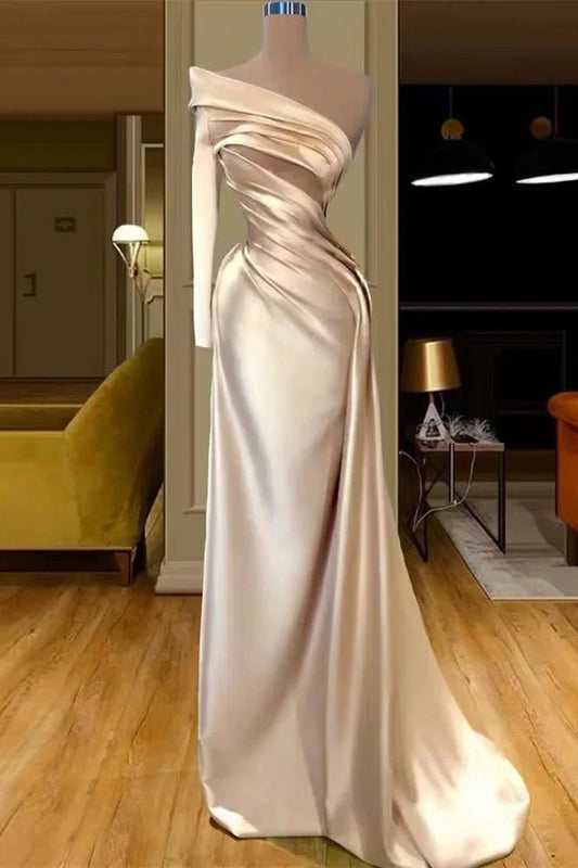 Fabulous Champagne One Shoulder Long Sleeves Mermaid Prom Dress Long Evening Gowns