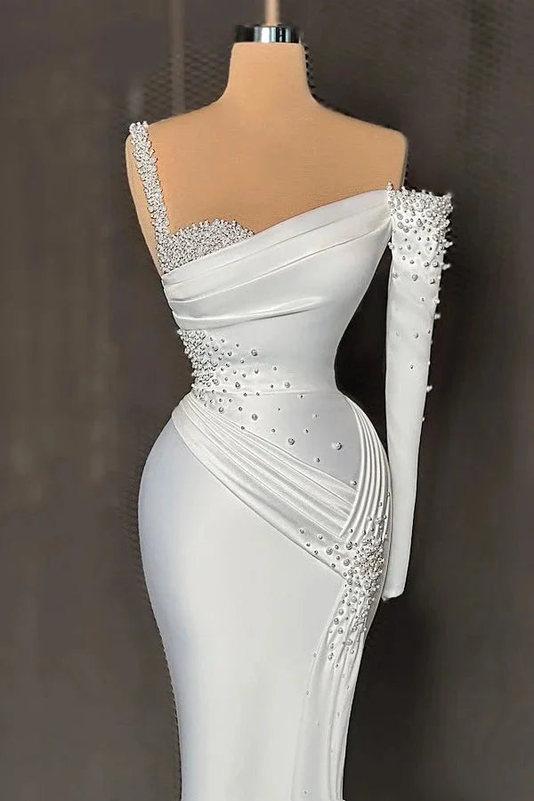 Fabulous One Shoulder Long Sleeve Evening Dress Mermaid With Pearls