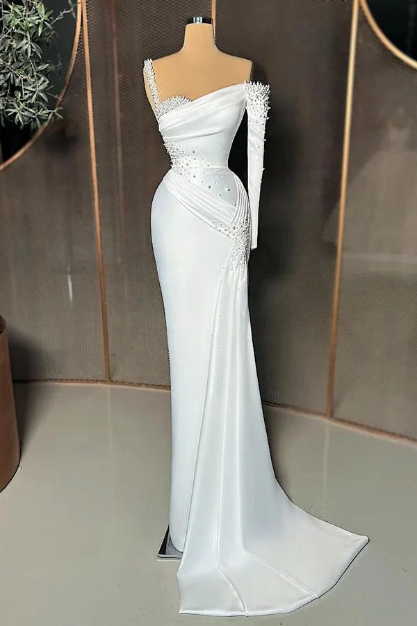 Fabulous One Shoulder Long Sleeve Evening Dress Mermaid With Pearls