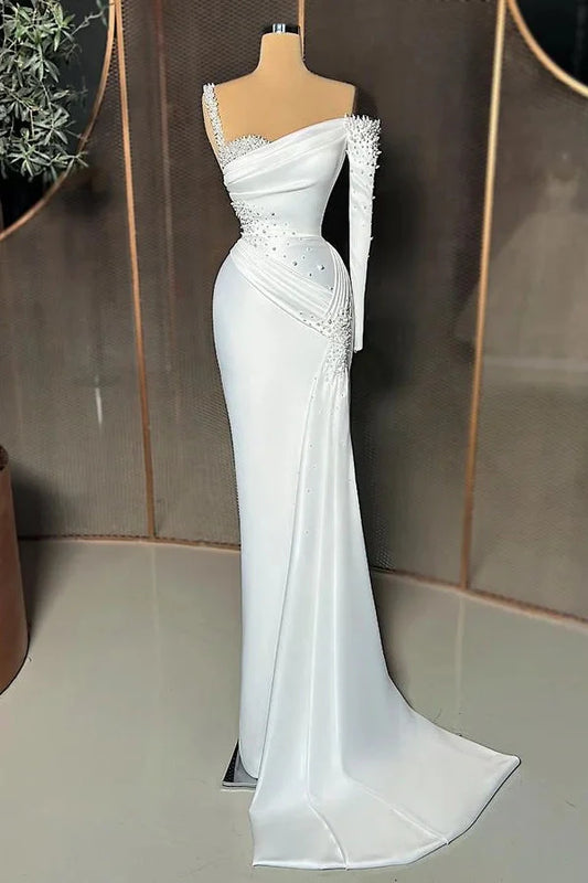 Fabulous One Shoulder Long Sleeve Evening Dress Mermaid With Pearls
