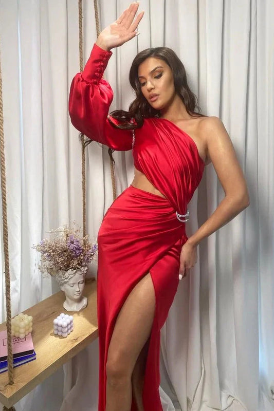 Fabulous Red One Shoulder Long Sleeve Evening Dress Mermaid Slit