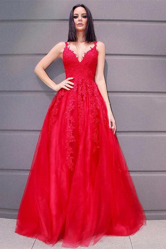 Fabulous Red Sleeveless V-Neck Lace Appliques Evening Dress