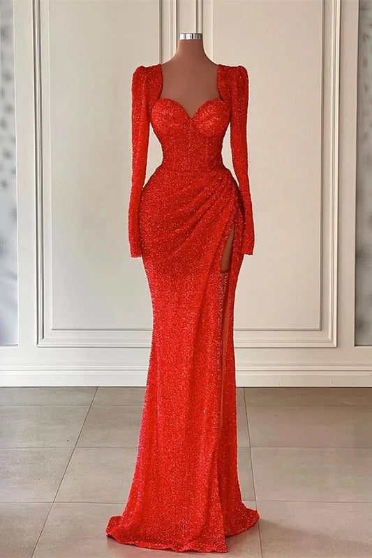 Fabulous Red Sweetheart Long Sleeves Mermaid Evening Dress Sequins With Slit