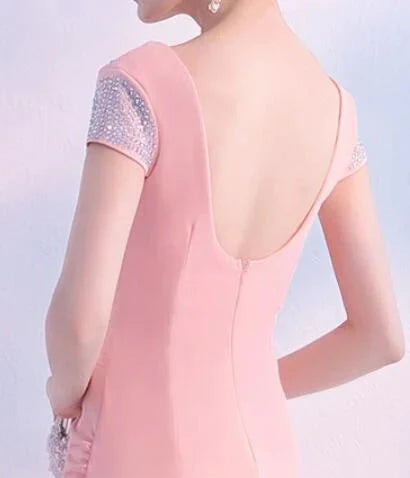 Fabulous Short Sleeves Beads Evening Dress Mermaid V-Neck With Slit