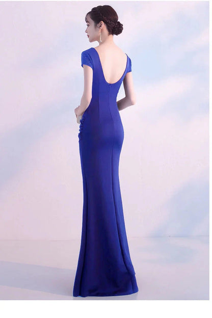 Fabulous Short Sleeves Beads Evening Dress Mermaid V-Neck With Slit