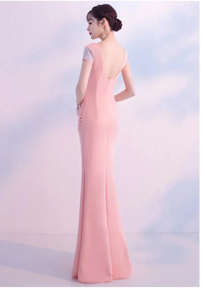 Fabulous Short Sleeves Beads Evening Dress Mermaid V-Neck With Slit