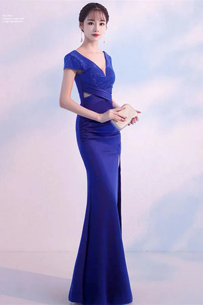 Fabulous Short Sleeves Beads Evening Dress Mermaid V-Neck With Slit