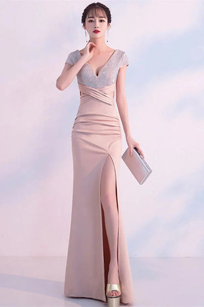 Fabulous Short Sleeves Beads Evening Dress Mermaid V-Neck With Slit