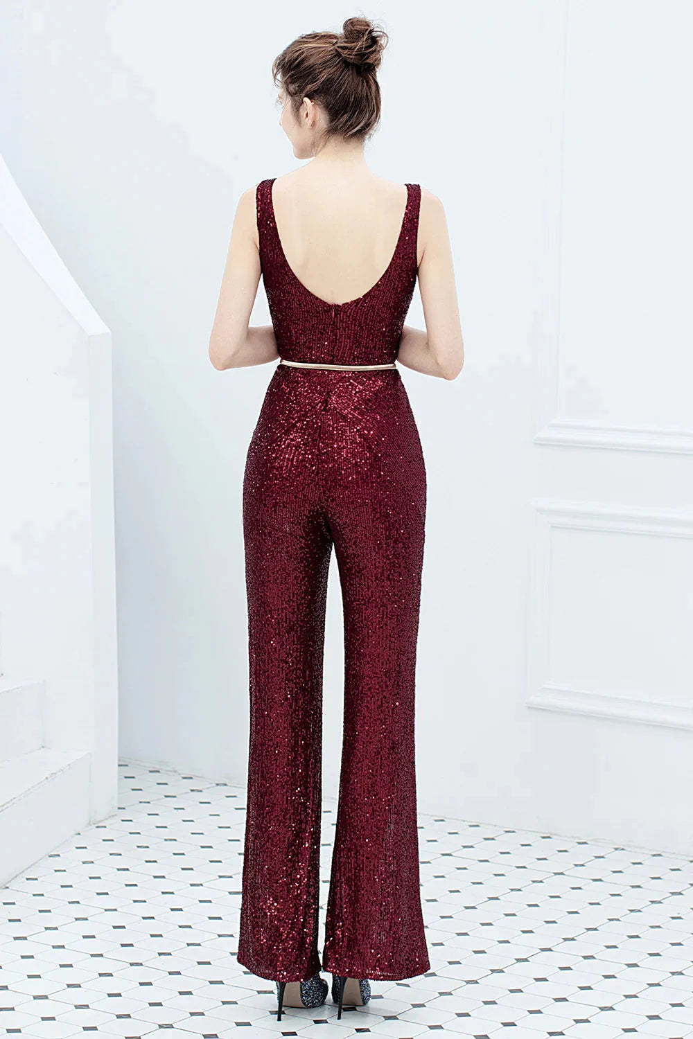 Fabulous V-Neck Sequins Evening Gown Sleeveless Jumpsuit