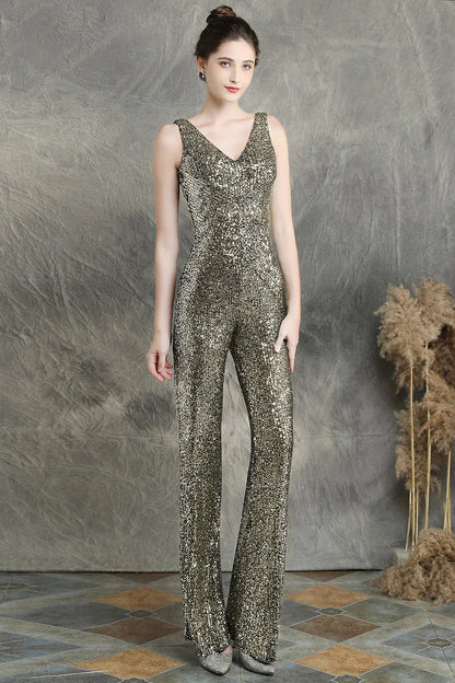 Fabulous V-Neck Sequins Evening Gown Sleeveless Jumpsuit